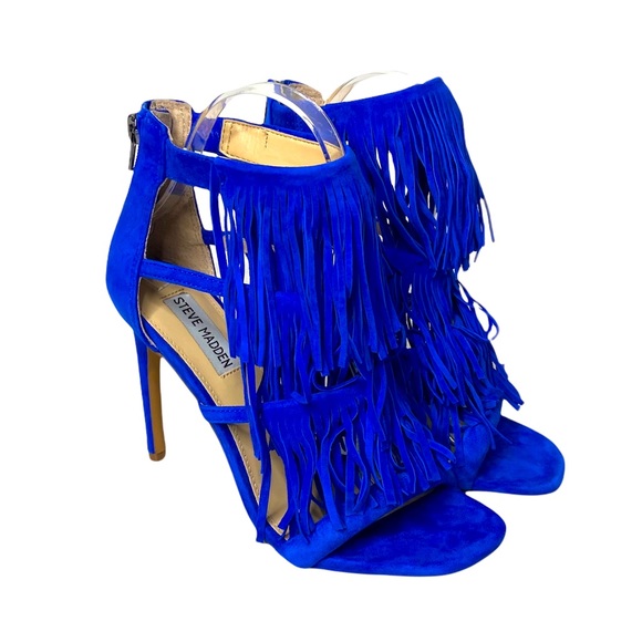 Steve Madden Womens FRINGLY Suede Strappy Fringe Heels Sandals 8M Blue - Picture 2 of 9
